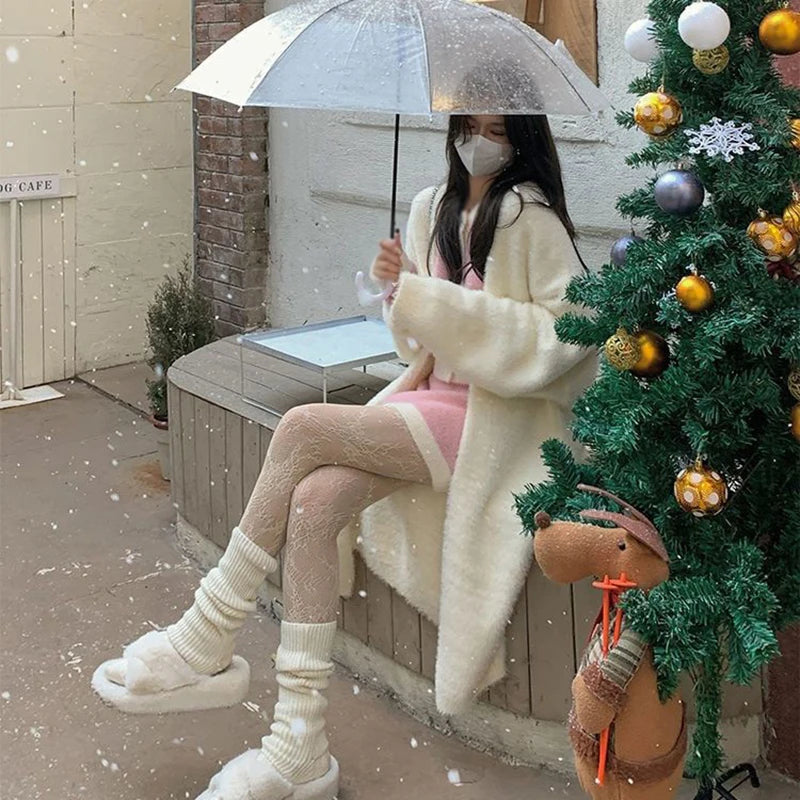 Korean Fashion Women Knitted Cardigan 2024 Autumn/Winter Thickened Fleece Solid Color Knitted Coat Women Soft And Somfortable