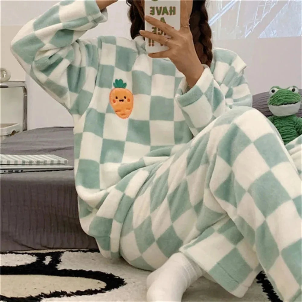 Autumn Winter Kawaii Cartoon Pajama Sets Women Pyjamas Plaid Flannel Loung Sleepwear Girl Pijama Night Suits Homewear Pj Suit