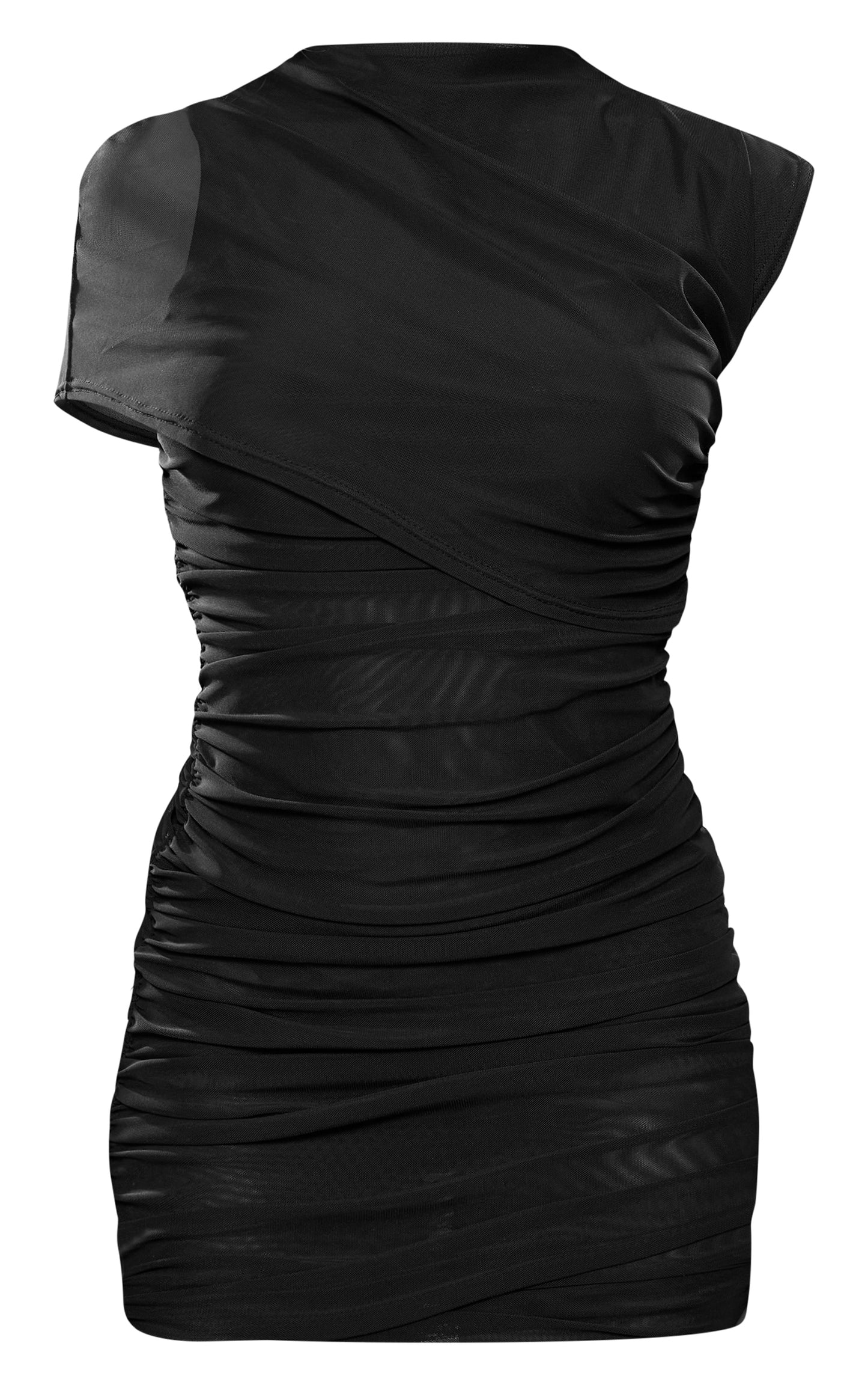 Black Mesh High Neck One Shoulder Mini Dress