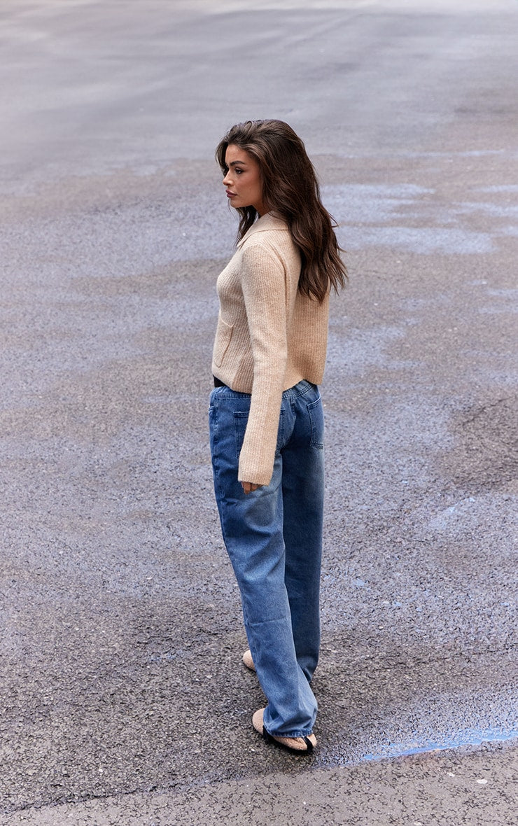 Beige Soft Textured Knit Button Up Collar Detail Cardigan Next Day Delivery Before 10 pm