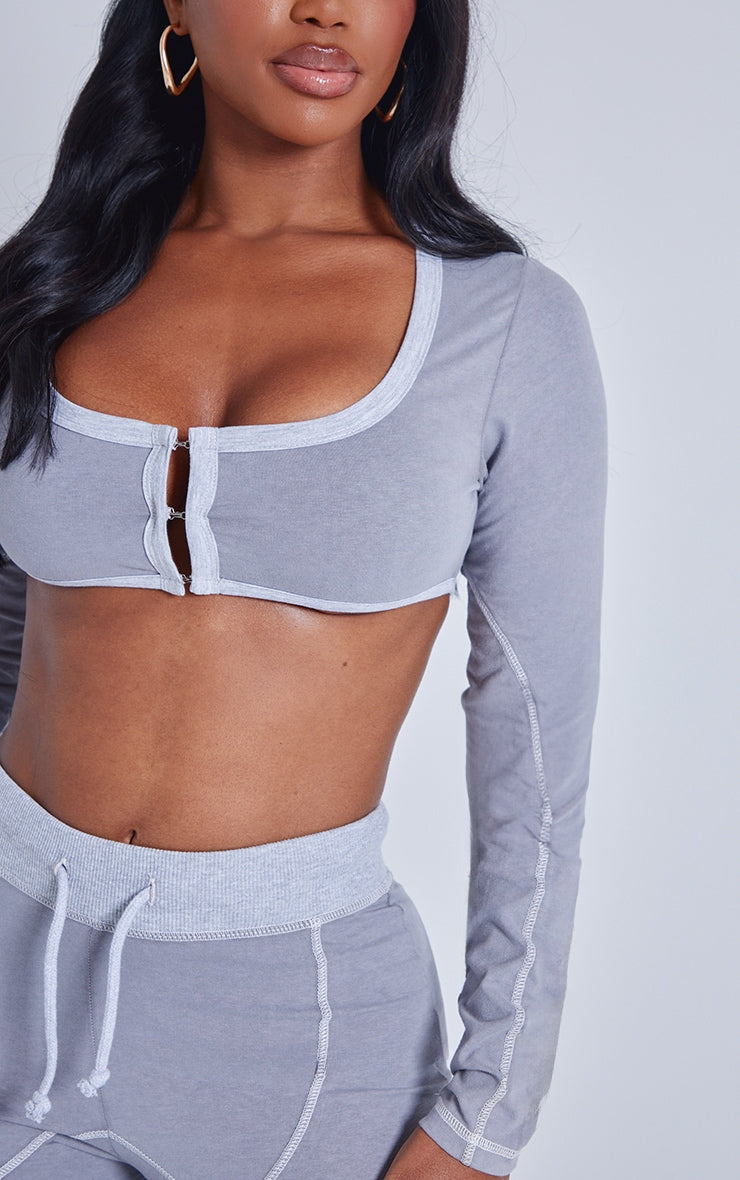 Shape Light Grey Washed Cotton Hook And Eye Long Sleeve Crop Top Next Day Delivery