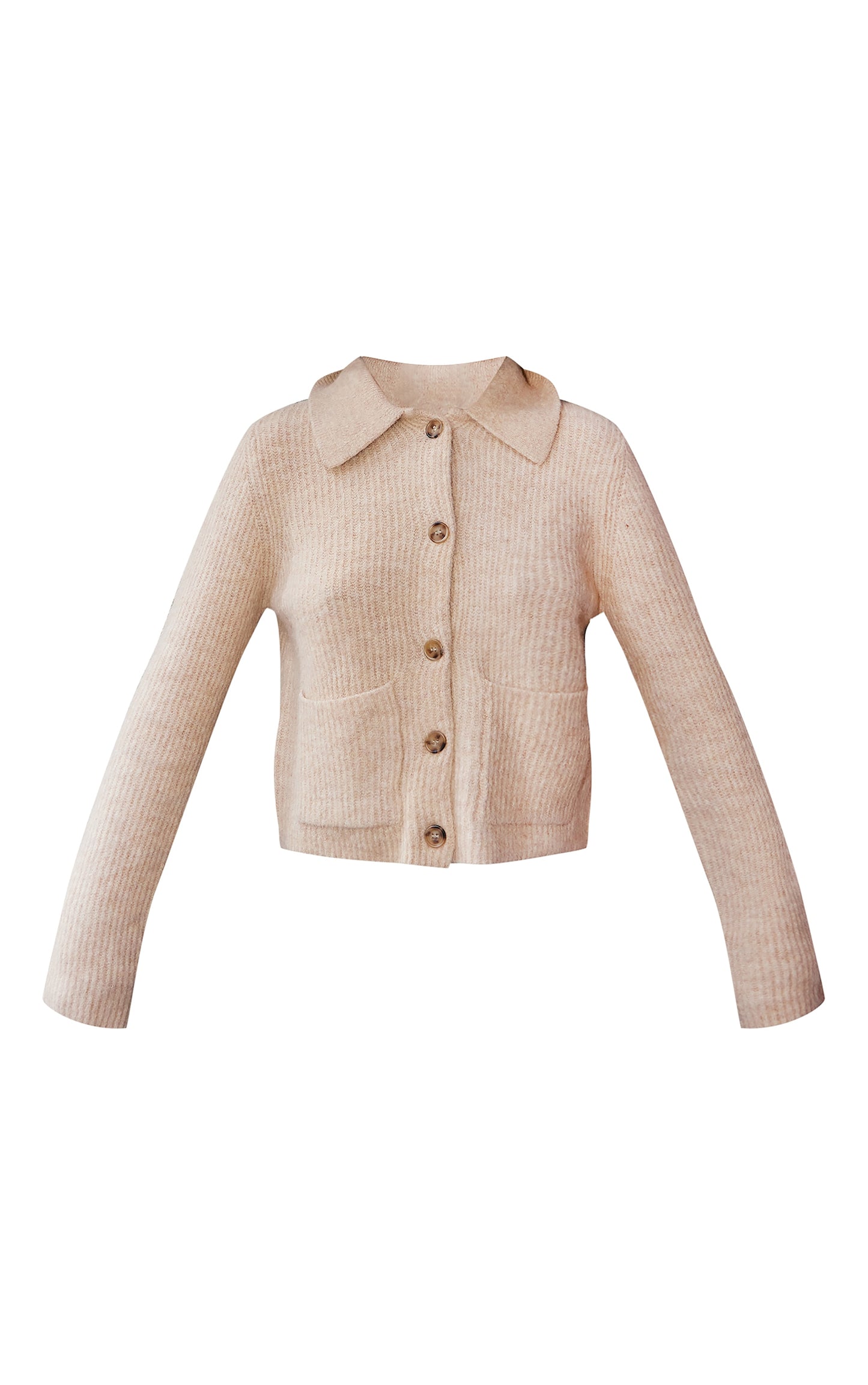 Beige Soft Textured Knit Button Up Collar Detail Cardigan Next Day Delivery Before 10 pm