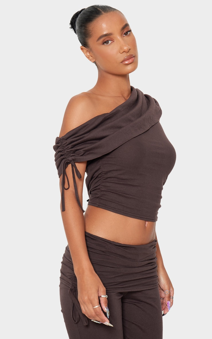 Dark Brown Ruched Side Off The Shoulder Top Next Day Before 10PM