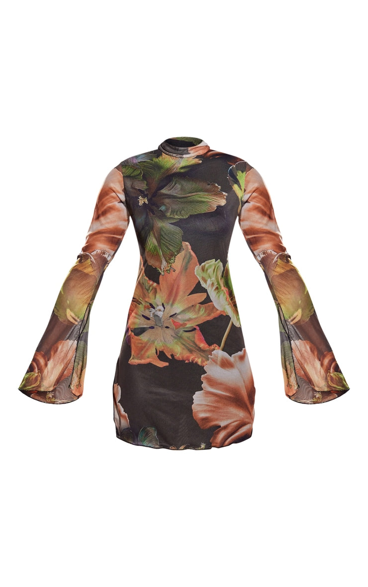 Brown Floral Print High Neck Flared Sleeve Shift Dress