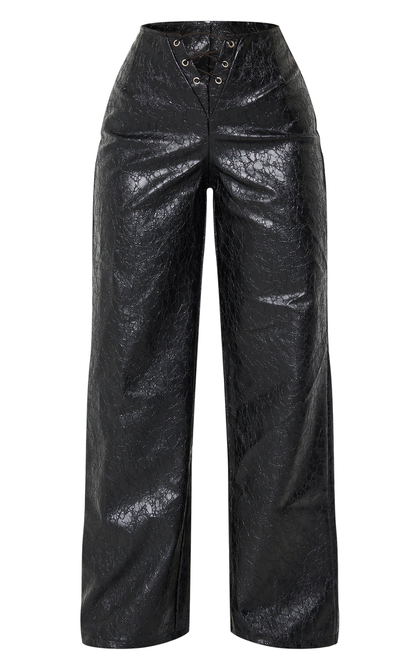 Next Day Delivery Before 10 PM Petite Black Faux Leather Cracked Effect Lace Up Wide Leg Trousers