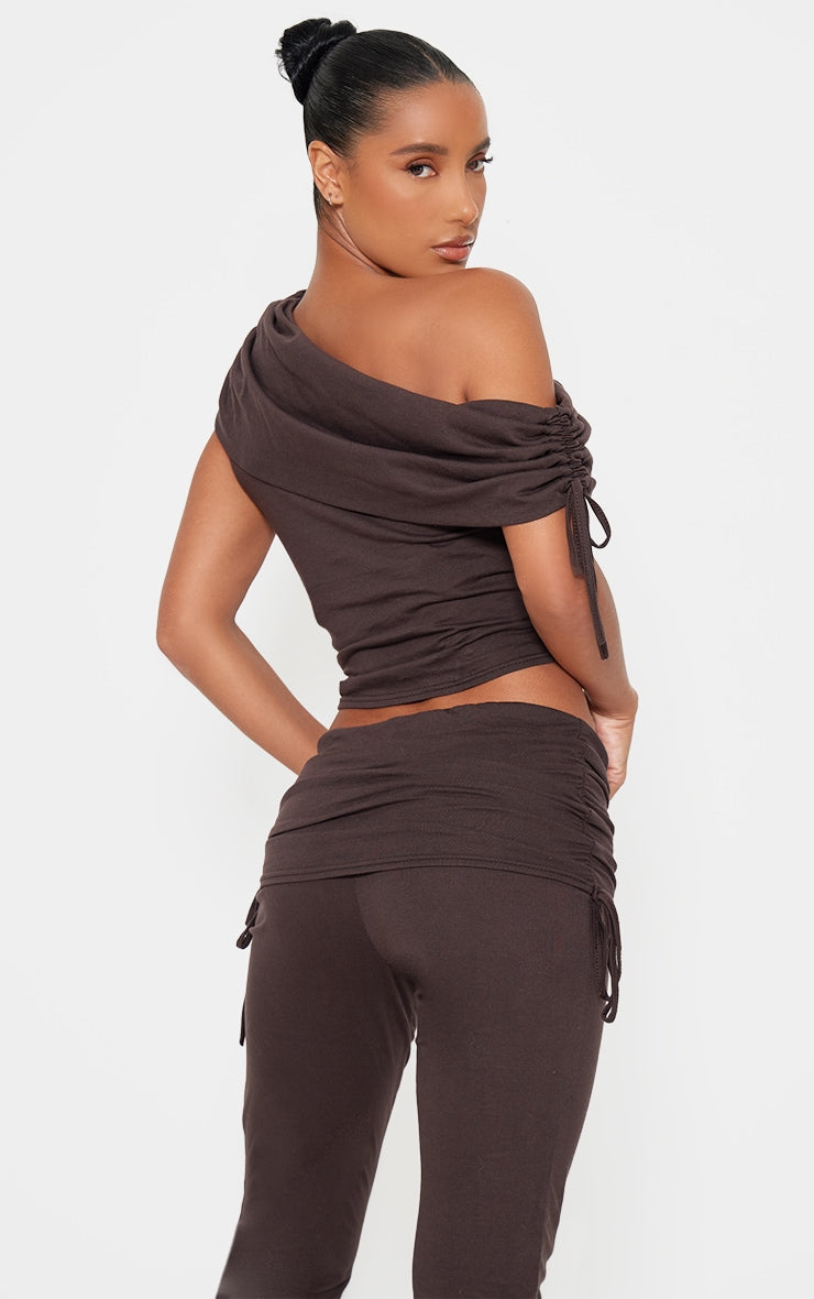 Dark Brown Ruched Side Off The Shoulder Top Next Day Before 10PM