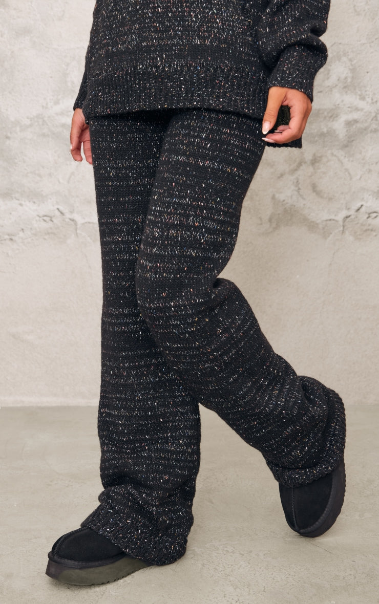Black Space Dye Knitted Wide Leg Trousers Next Day Delivery Before 10 pm