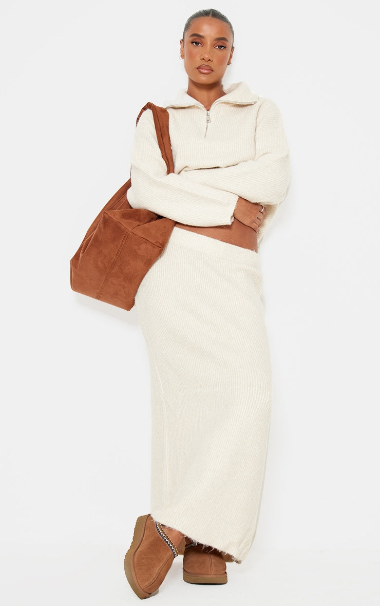 Taupe Knitted Zip Up Jumper And Maxi Skirt Set Next Day Before 10PM