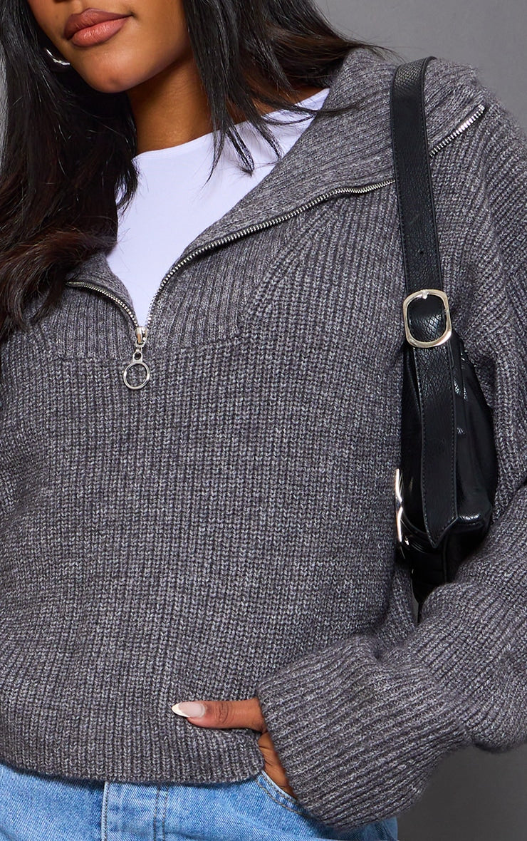 Next Day Delivery Before 10 PM Charcoal Grey Marl Chunky Knit Half Zip Jumper