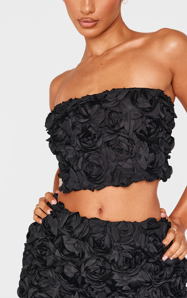 Petite Black Flower Detail Bandeau Top Next Day Delivery Before 10PM