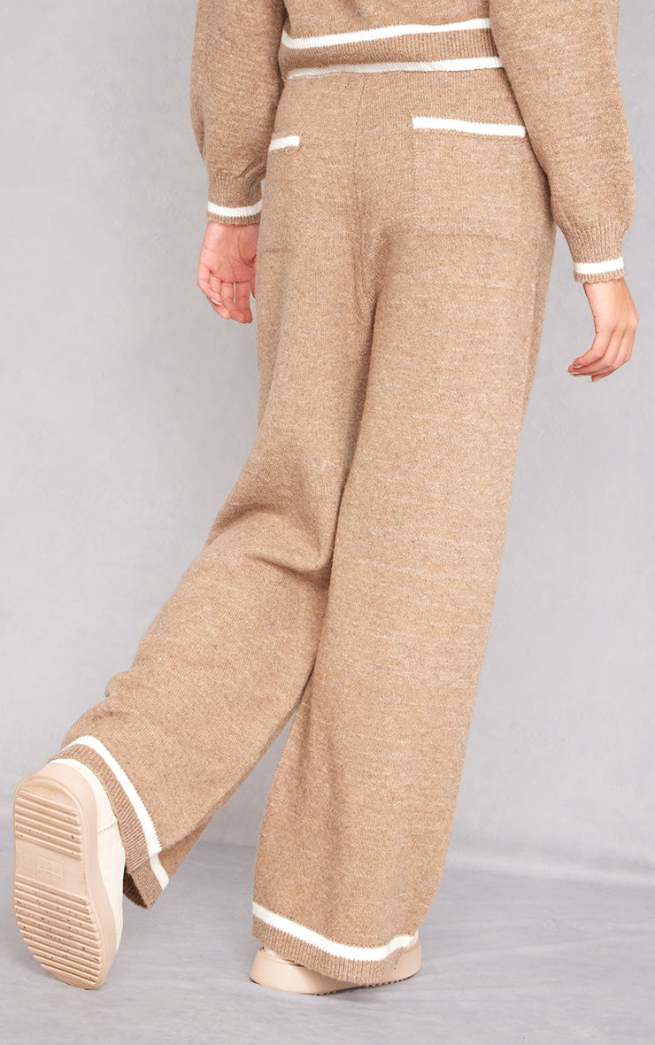 Taupe Soft Knit Contrast Stripe Detail Wide Leg Trousers Next Day Delivery Before 10 pm