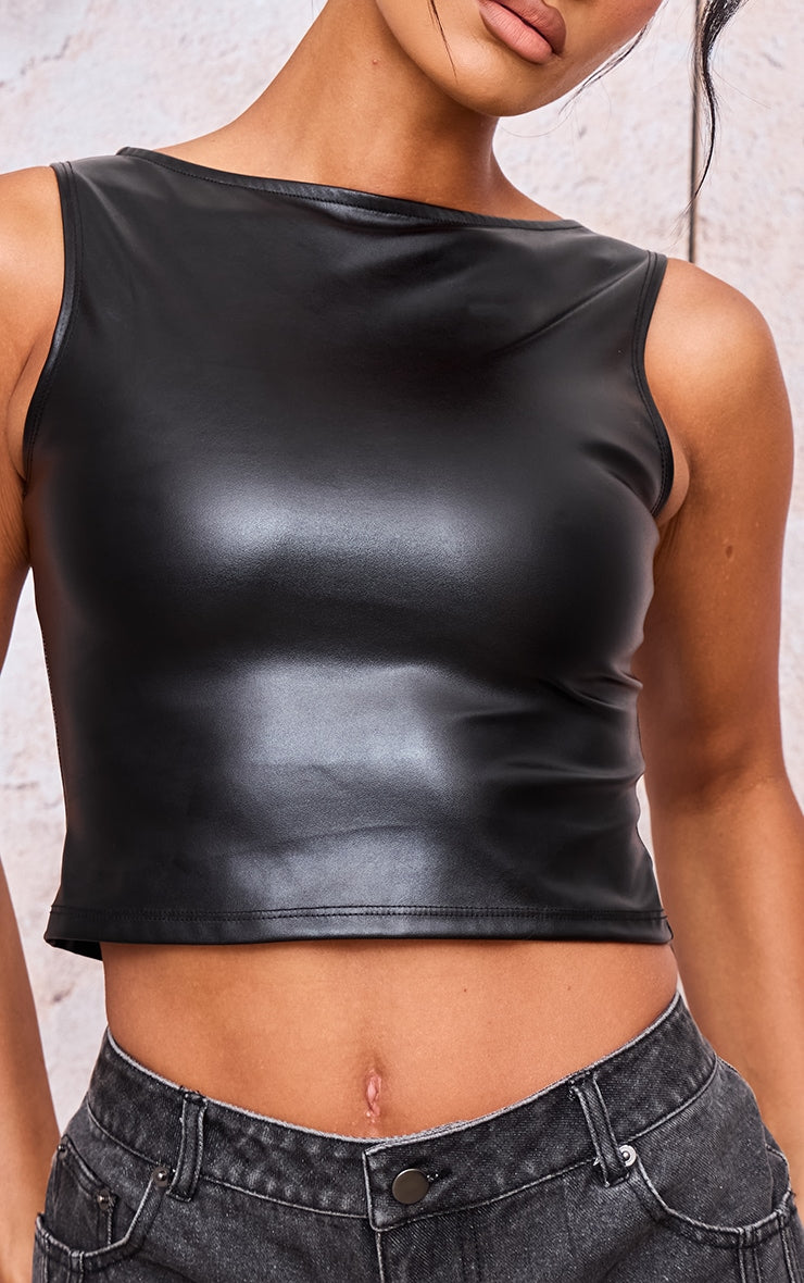 Black Boatneck Faux Leather Long Top