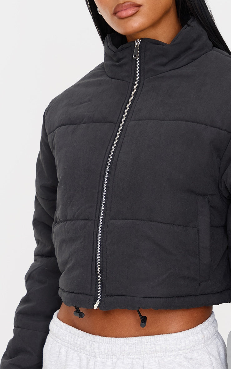 Black Super Cropped Peach Skin Puffer Next Day Delivery Before 10PM