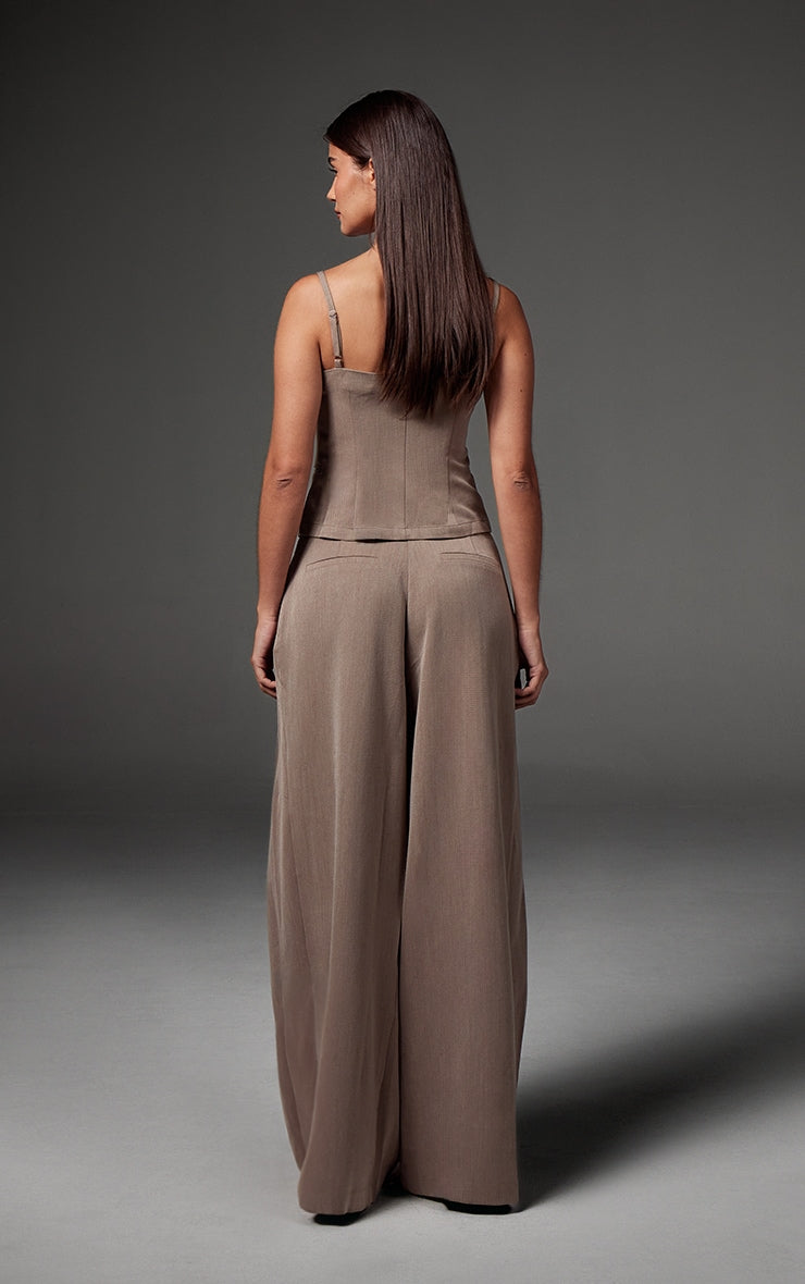 Premium Taupe Woven Pleated Waistband Extreme Wide Leg Trousers Next Day Delivery