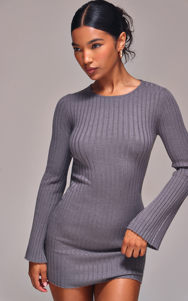 Ash Grey Ribbed Knit Mini Dress Next Day Delivery
