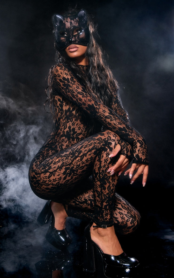 Next Day Delivery Before 10 pm Black Lace High Neck Thumb Hole Jumpsuit