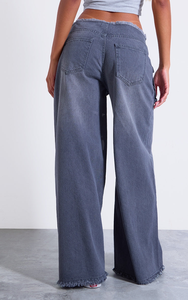 Grey Pocket Detail Frayed Hem Wide Leg Jeans Next Day Delivery Before 10 pm