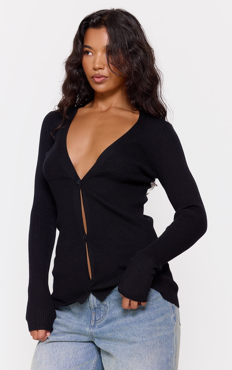 Black Knitted Ribbed Long Sleeve Cardigan Next Day Delivery