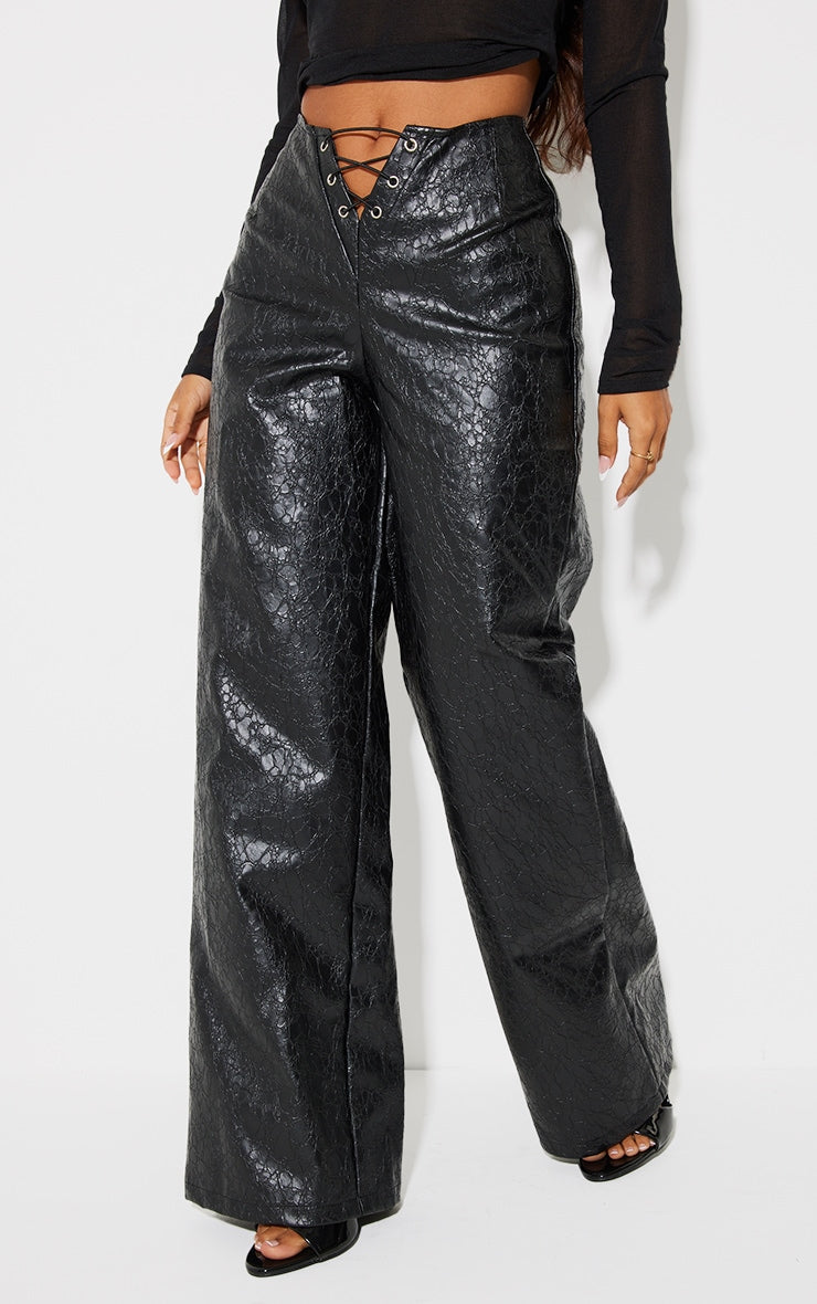 Next Day Delivery Before 10 PM Petite Black Faux Leather Cracked Effect Lace Up Wide Leg Trousers
