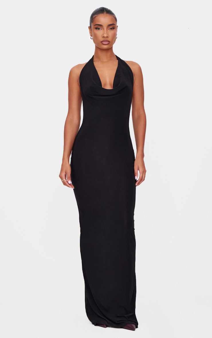 Chocolate Soft Touch Cowl Neck Twist Back Detail Maxi Dress Next Day Delivery