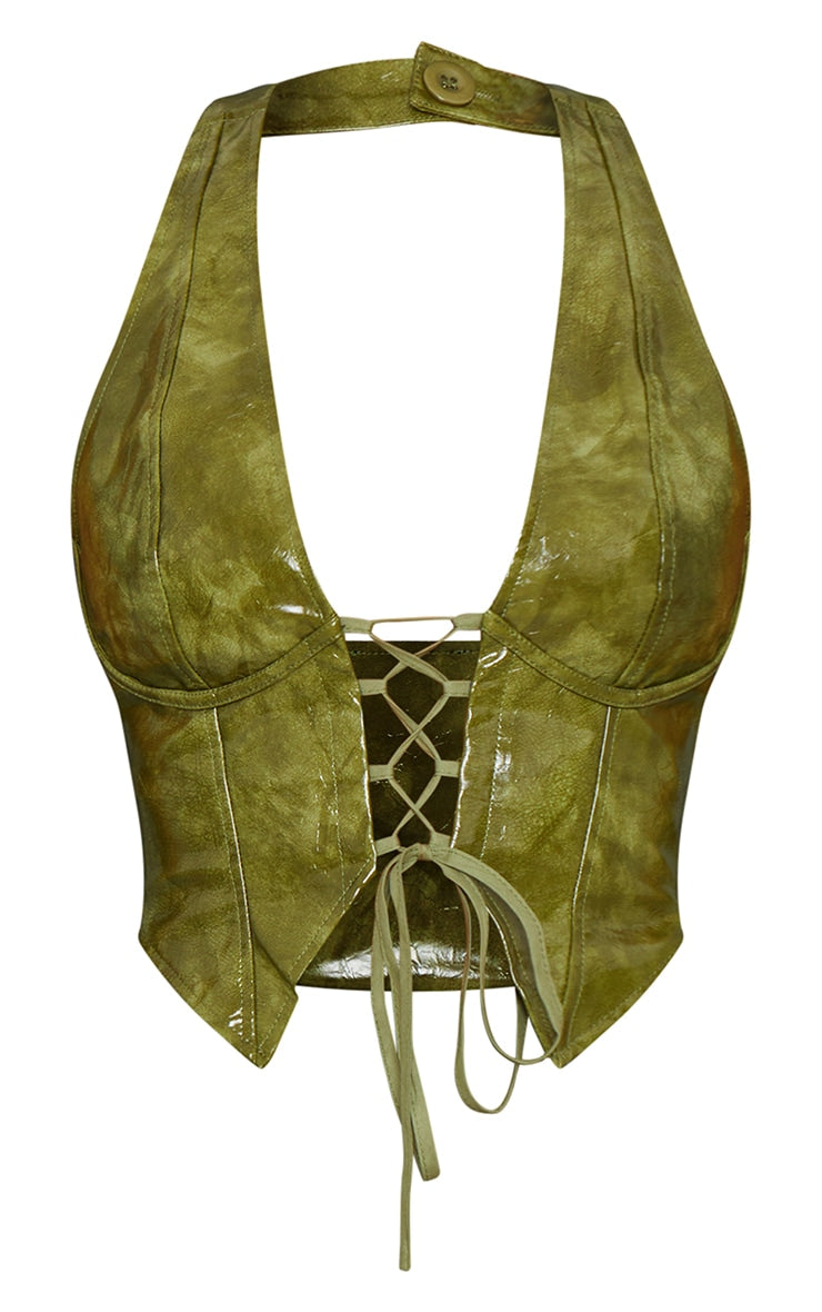 Next Day Delivery Before 10 PM Dark Green Washed Faux Leather Lace Up Plunge Halterneck Top