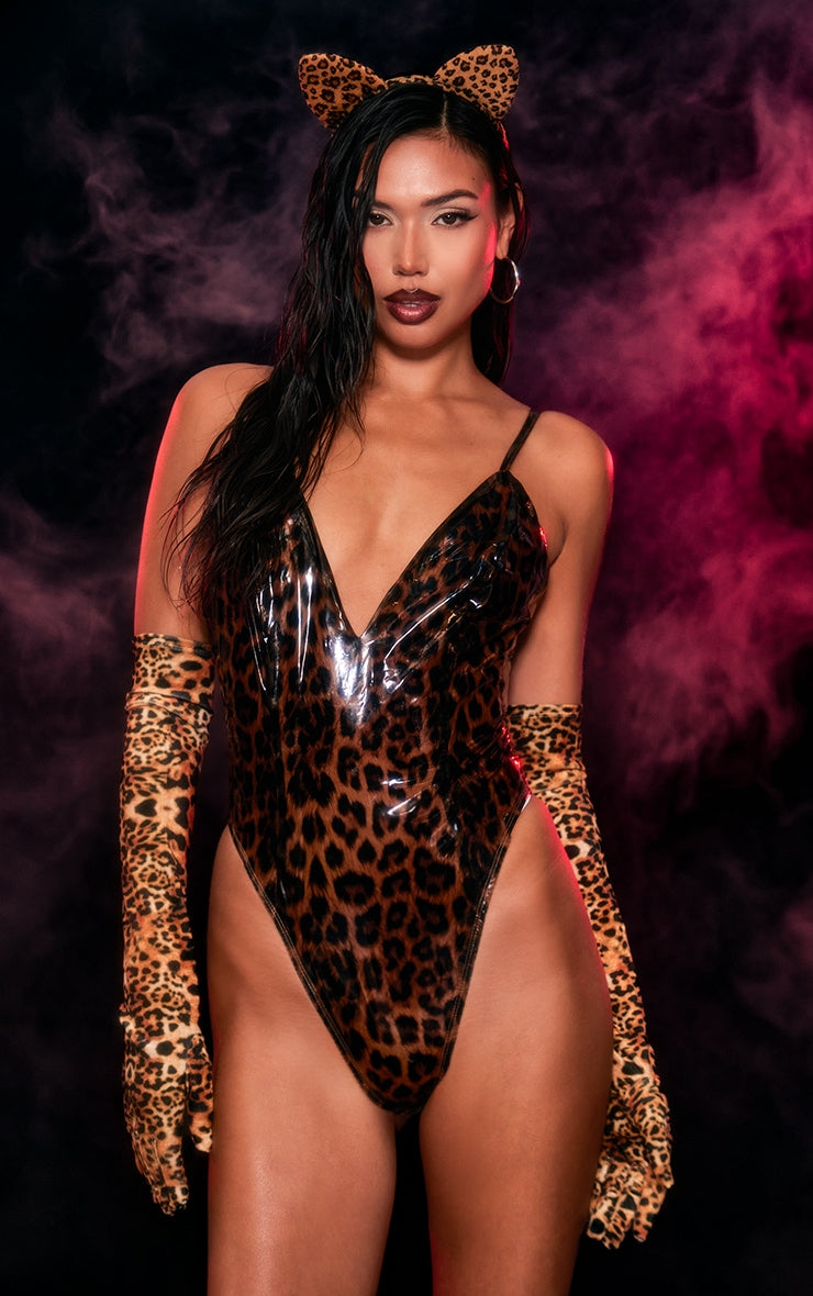 Next Day Delivery Before 10 pm Leopard Vinyl Bodysuit Fancy Dress Costume And Ears