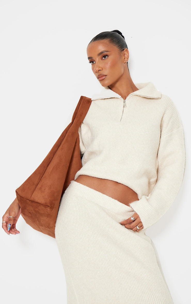 Taupe Knitted Zip Up Jumper And Maxi Skirt Set Next Day Before 10PM