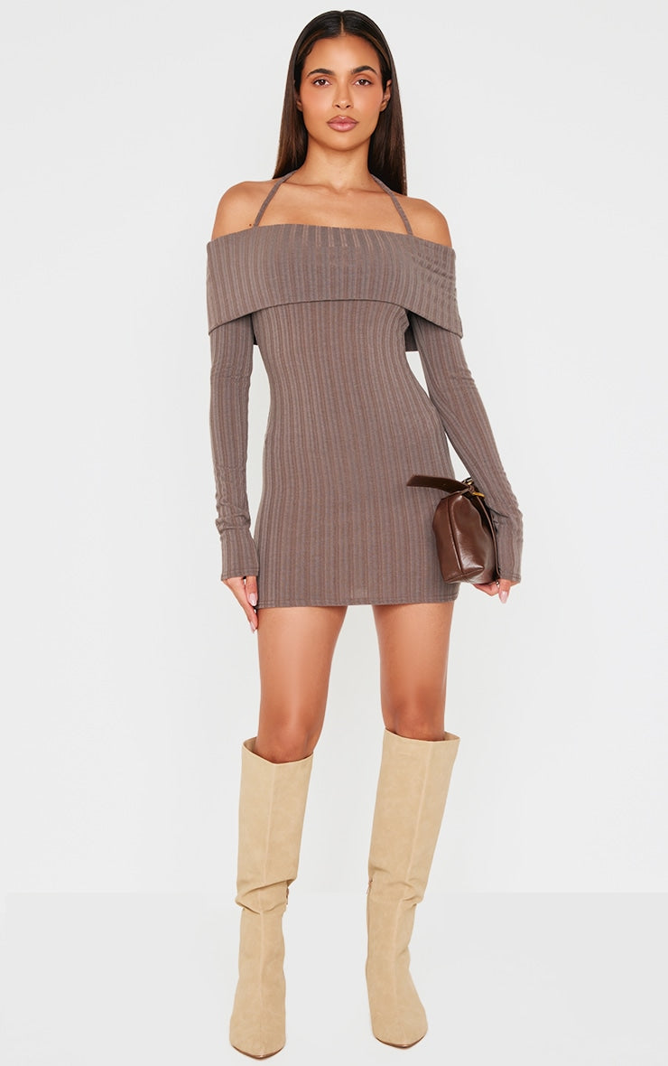 Cream Rib Bardot Fold Over Bodycon Dress