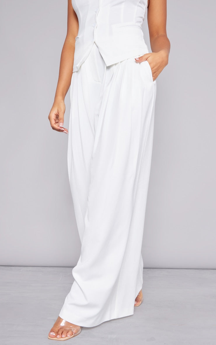 Premium Taupe Woven Pleated Waistband Extreme Wide Leg Trousers Next Day Delivery