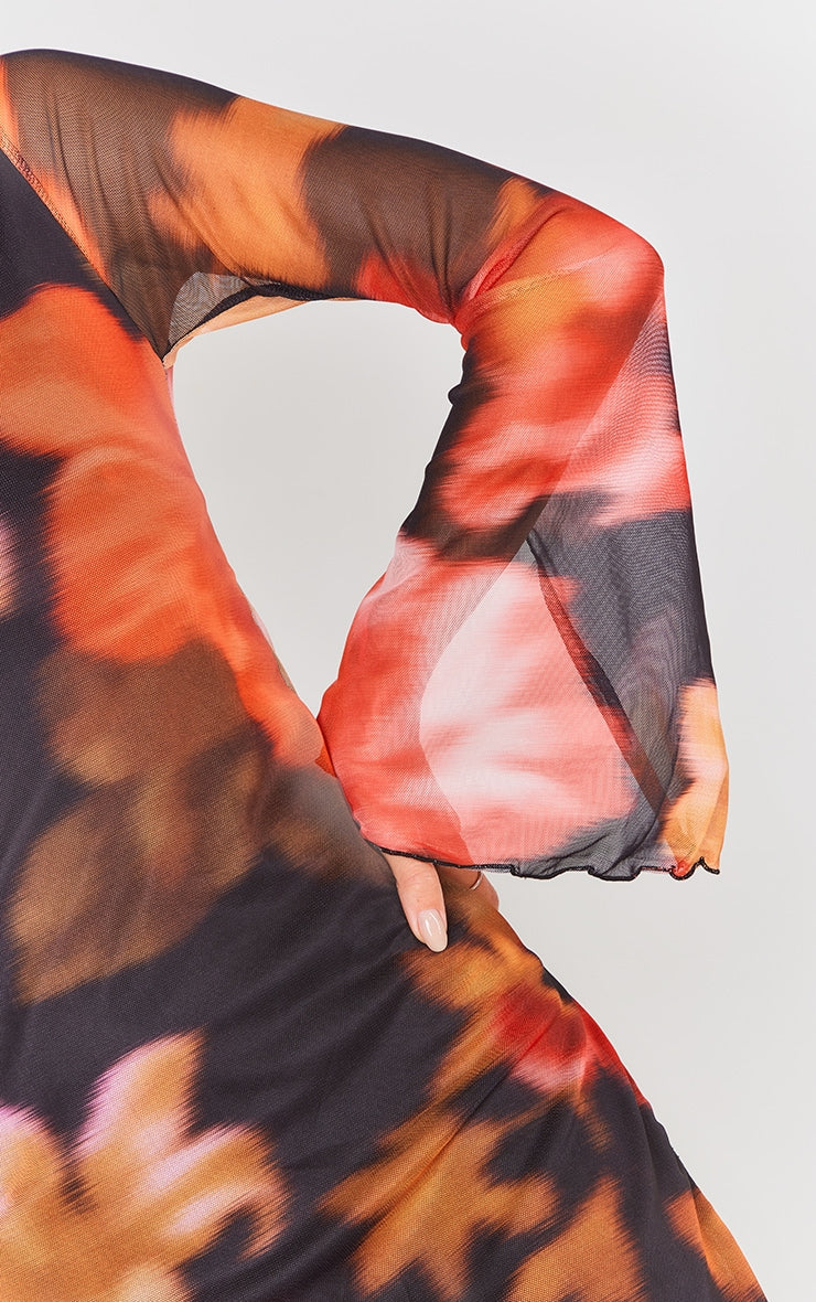 Brown Floral Print High Neck Flared Sleeve Shift Dress