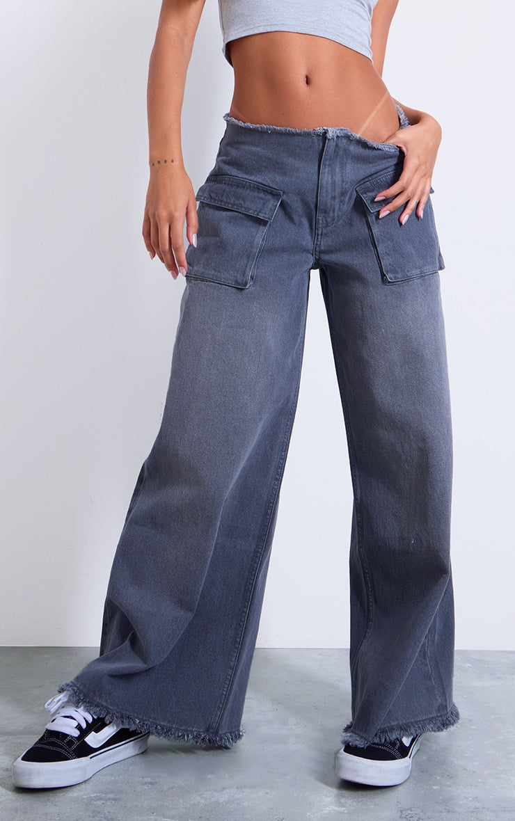 Grey Pocket Detail Frayed Hem Wide Leg Jeans Next Day Delivery Before 10 pm