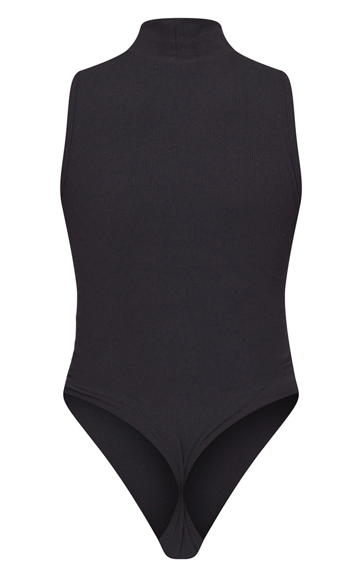 Next Day Delivery Before 10 PM Black Rib High Neck Sleeveless Bodysuit