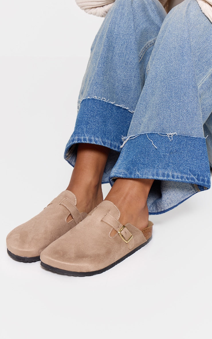 Next Day Delivery Before 10 pm Beige Faux Suede Buckled Mule Cloggs