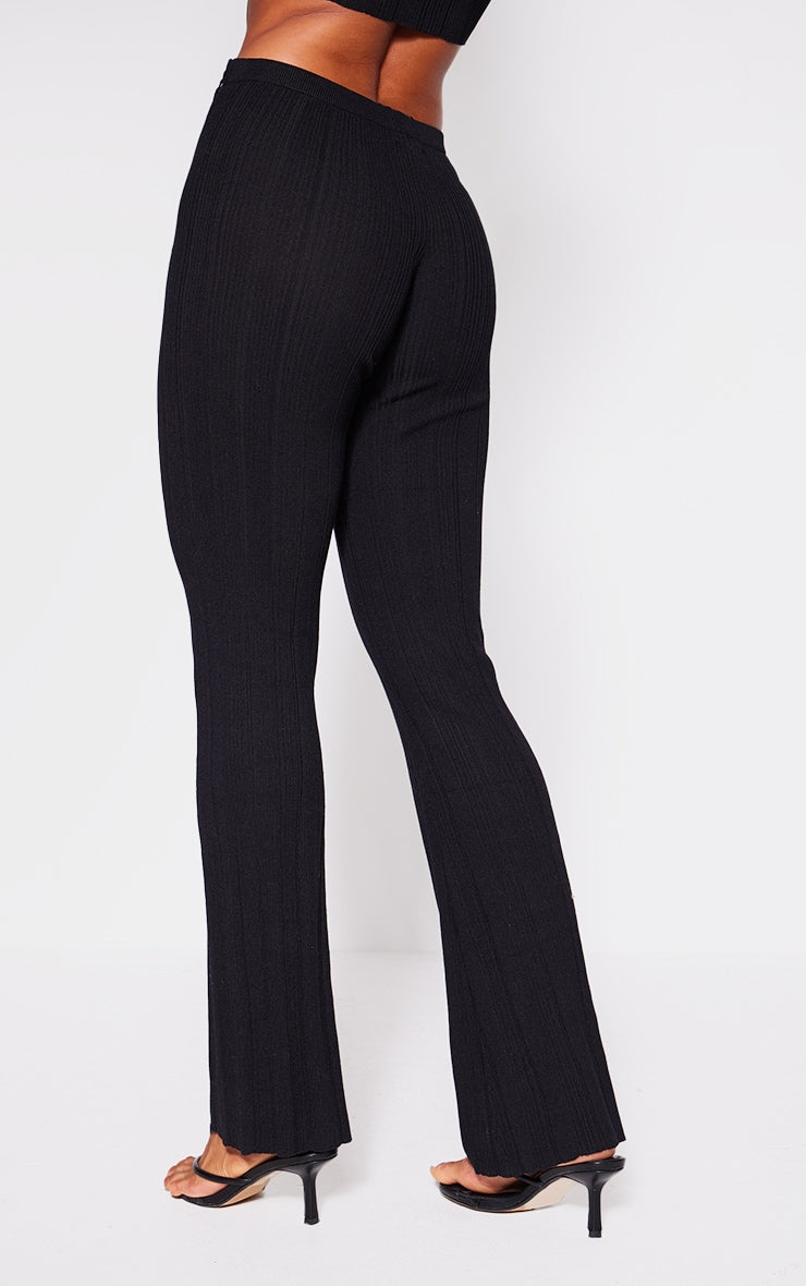 Black Textured Rib Knit Lace Up High Waist Flared Trousers Next Day Delivery Before 10 pm