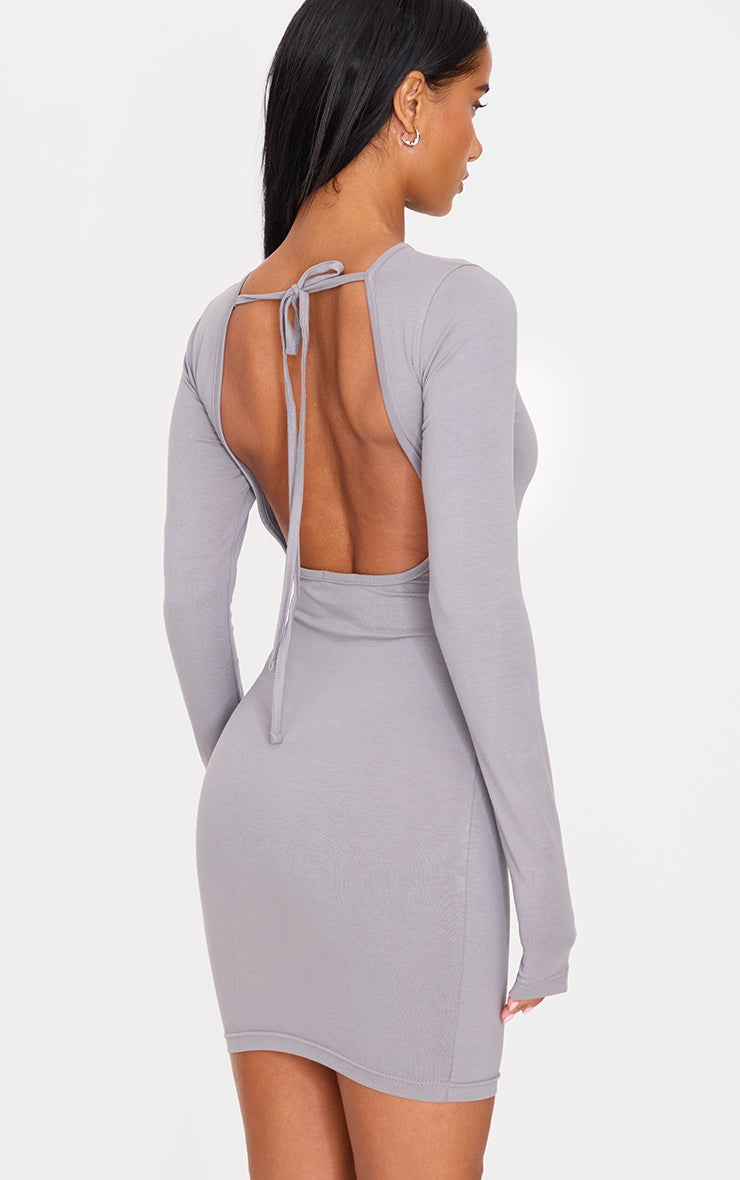 Charcoal Cotton Tie Scoop Back Mini Dress Next Day Delivery Before 10PM
