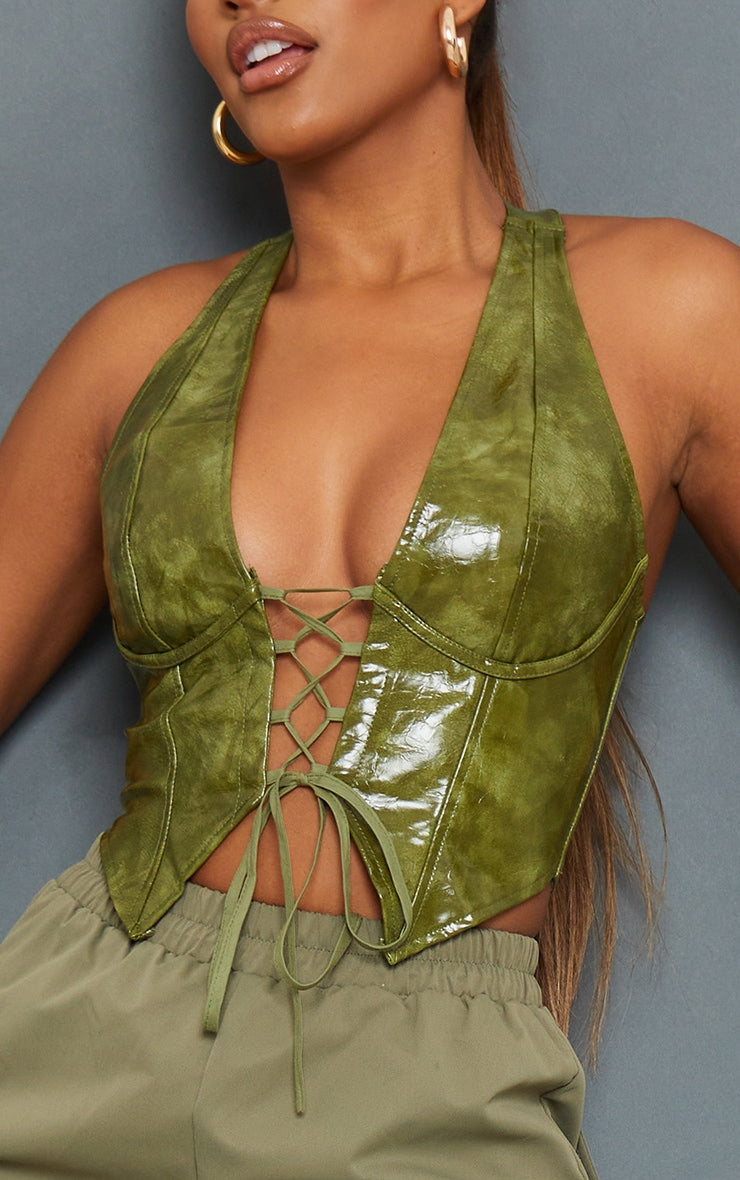 Next Day Delivery Before 10 PM Dark Green Washed Faux Leather Lace Up Plunge Halterneck Top