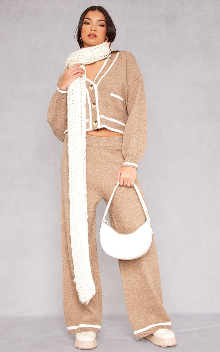 Taupe Soft Knit Contrast Stripe Detail Wide Leg Trousers Next Day Delivery Before 10 pm