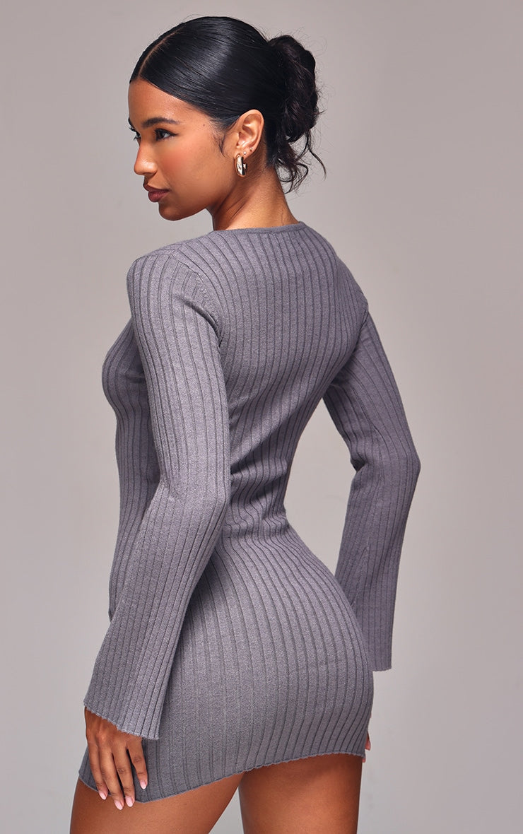 Ash Grey Ribbed Knit Mini Dress Next Day Delivery