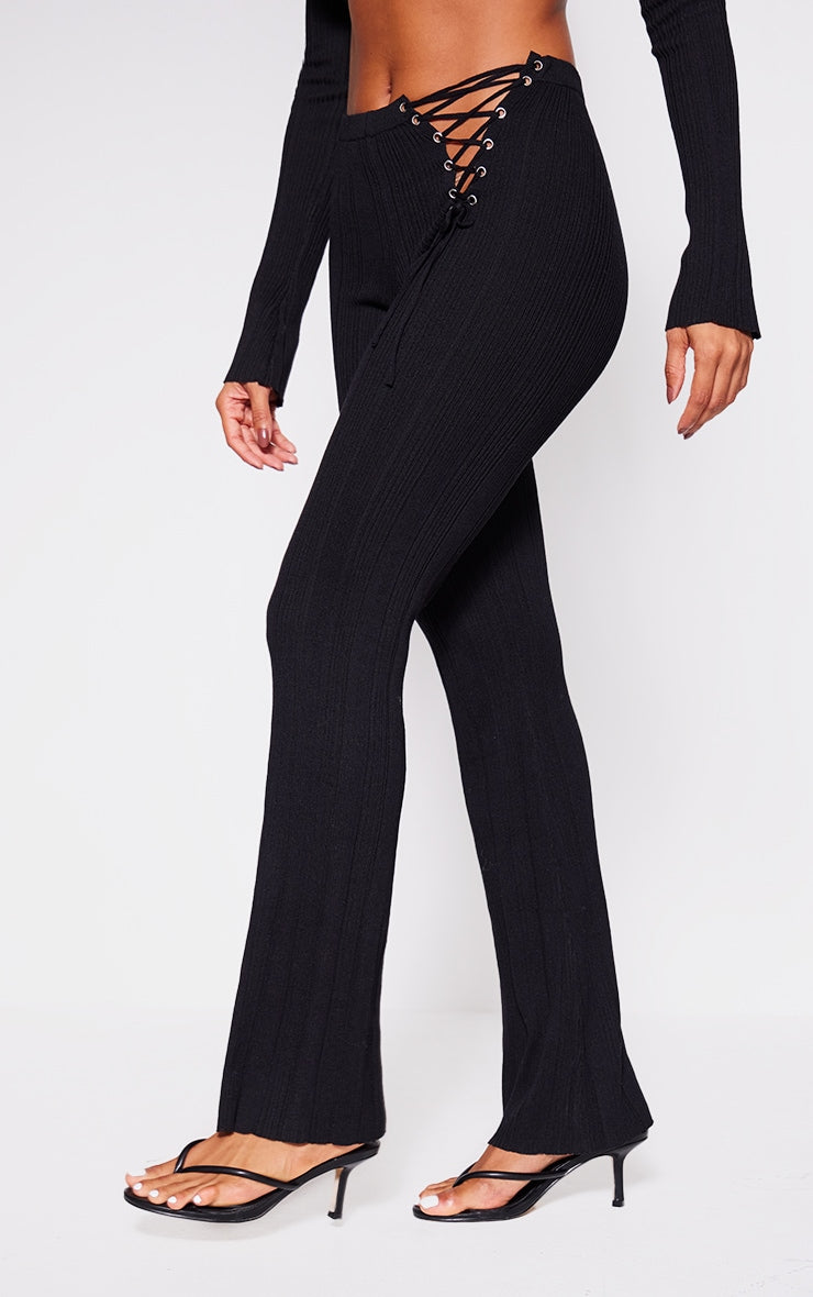 Black Textured Rib Knit Lace Up High Waist Flared Trousers Next Day Delivery Before 10 pm