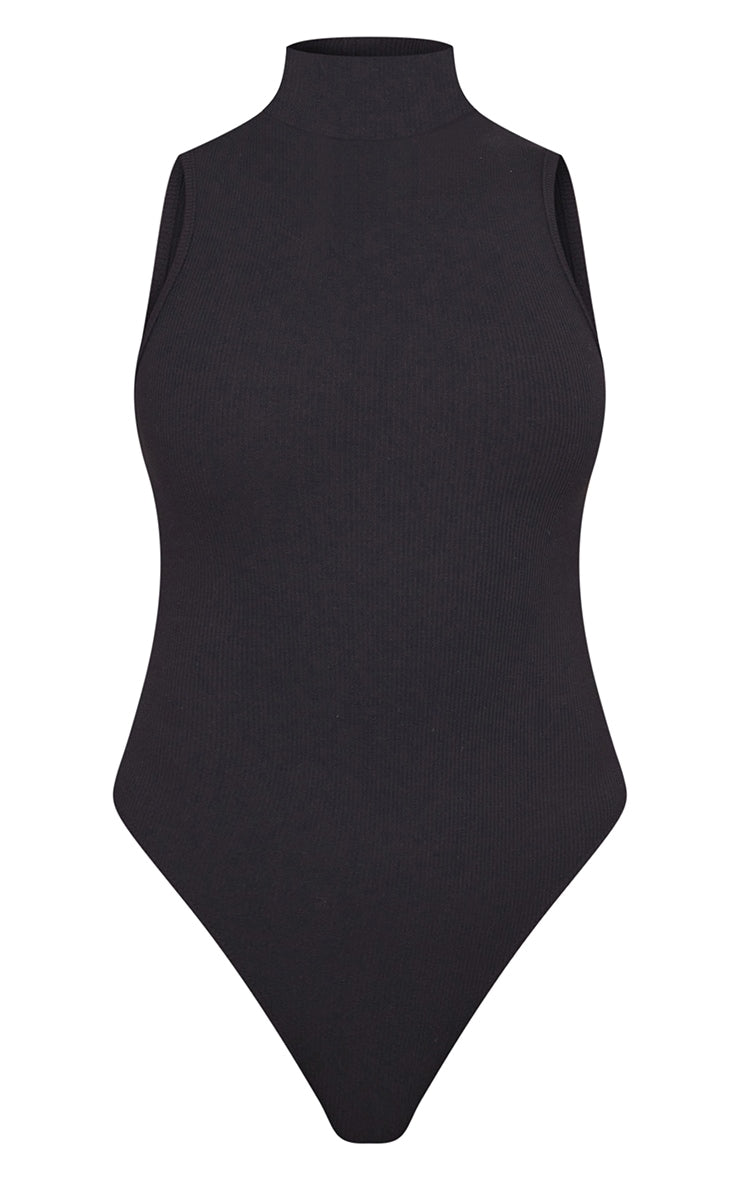 Next Day Delivery Before 10 PM Black Rib High Neck Sleeveless Bodysuit