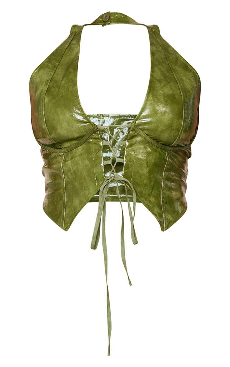 Plus Olive Washed Faux Leather Lace Up Plunge Halterneck Top