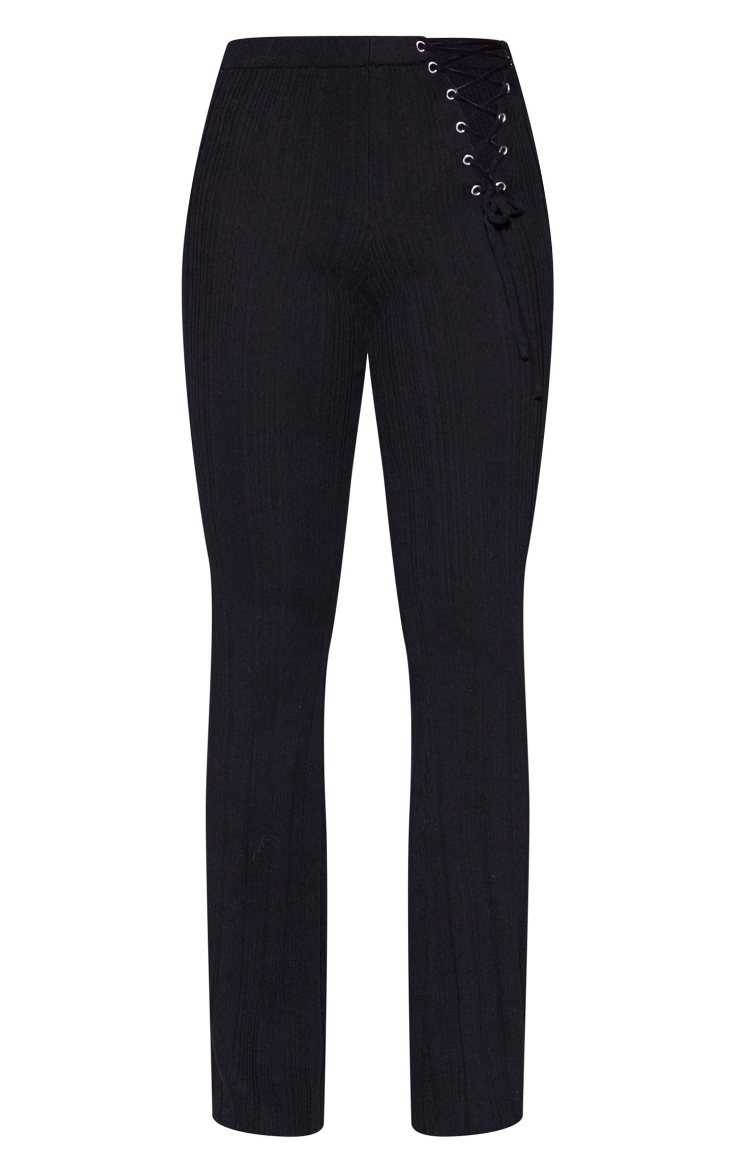 Black Textured Rib Knit Lace Up High Waist Flared Trousers Next Day Delivery Before 10 pm