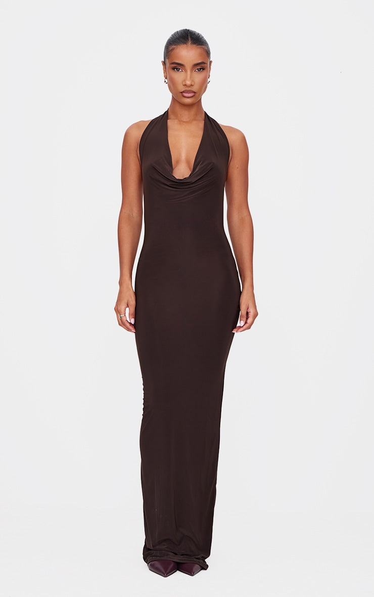 Chocolate Soft Touch Cowl Neck Twist Back Detail Maxi Dress Next Day Delivery
