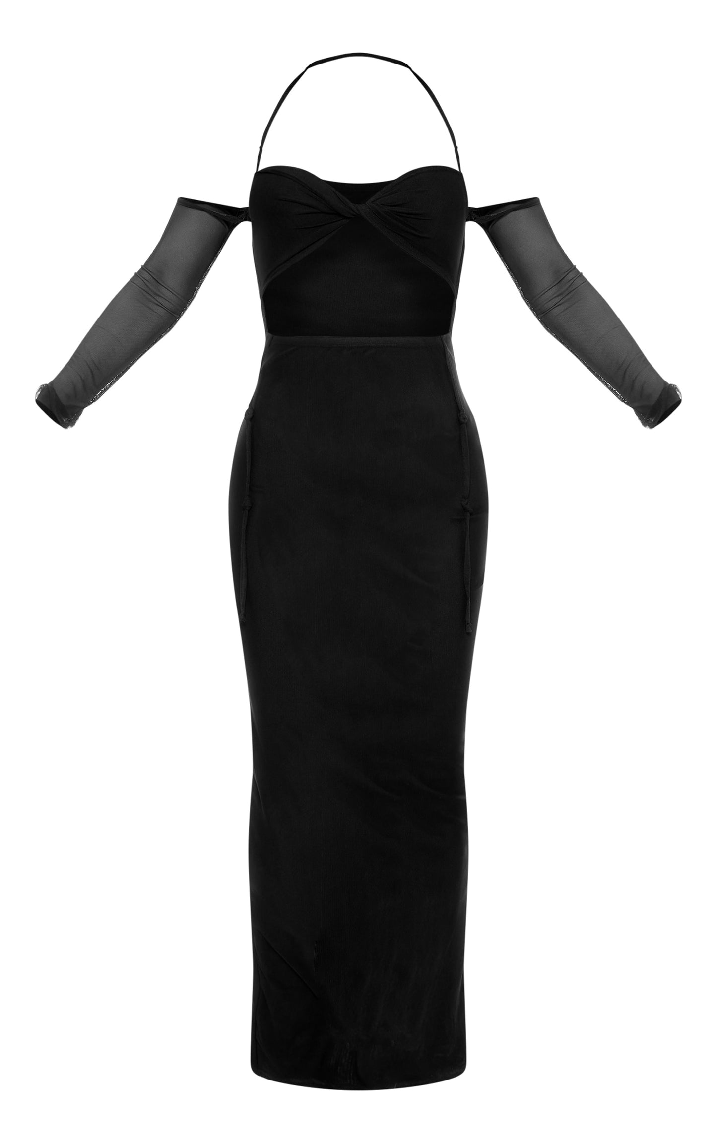 Black Mesh Cut Out Twist Detail Maxi Dress