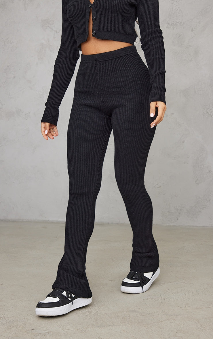 Petite Black Knitted Rib High Waisted Skinny Flares Next Day Delivery Before 10 pm