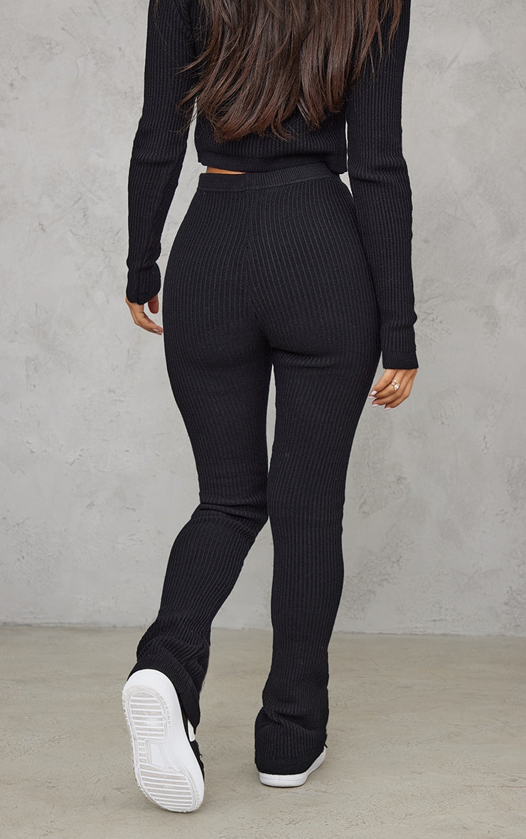 Petite Black Knitted Rib High Waisted Skinny Flares Next Day Delivery Before 10 pm