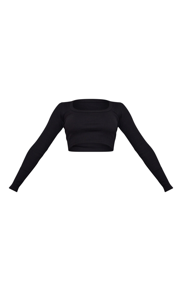 Charcoal Rib Scoop Neck Long Sleeve Crop Top Next Day Delivery