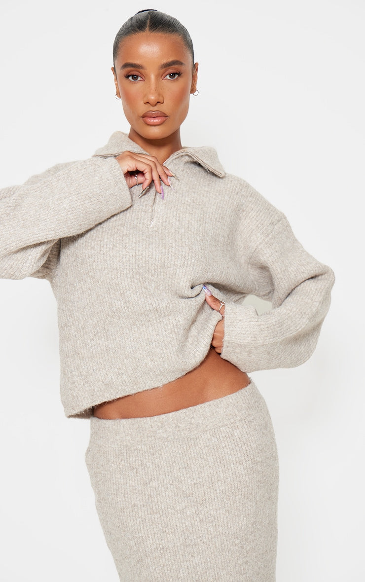 Taupe Knitted Zip Up Jumper And Maxi Skirt Set Next Day Before 10PM