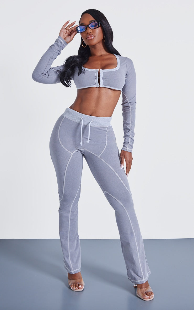 Shape Light Grey Washed Cotton Hook And Eye Long Sleeve Crop Top Next Day Delivery
