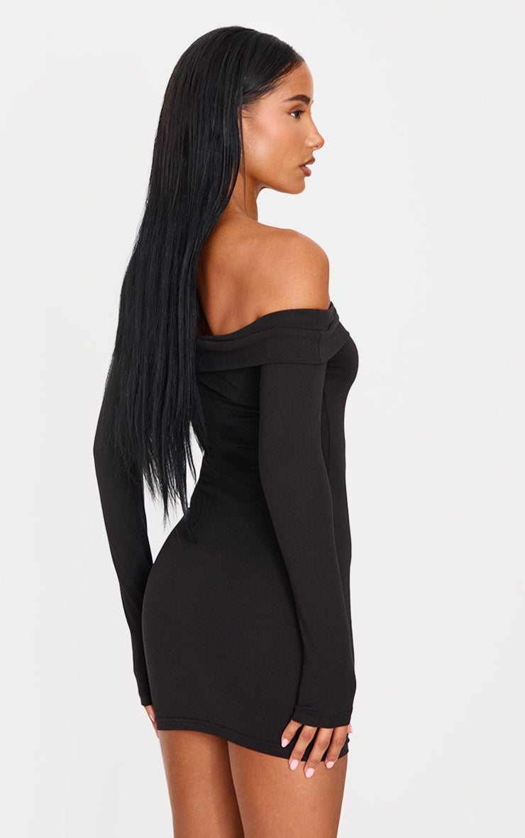 Black Cotton Bardot Fold Over Mini Dress Next Day Delivery Before 10PM